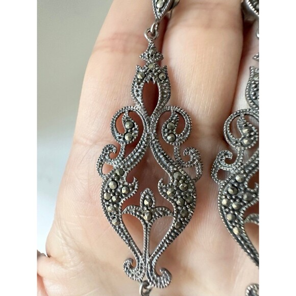 Vintage sterling silver art Deco marcasite freshwater pearl dangle Earrings - Picture 3 of 8